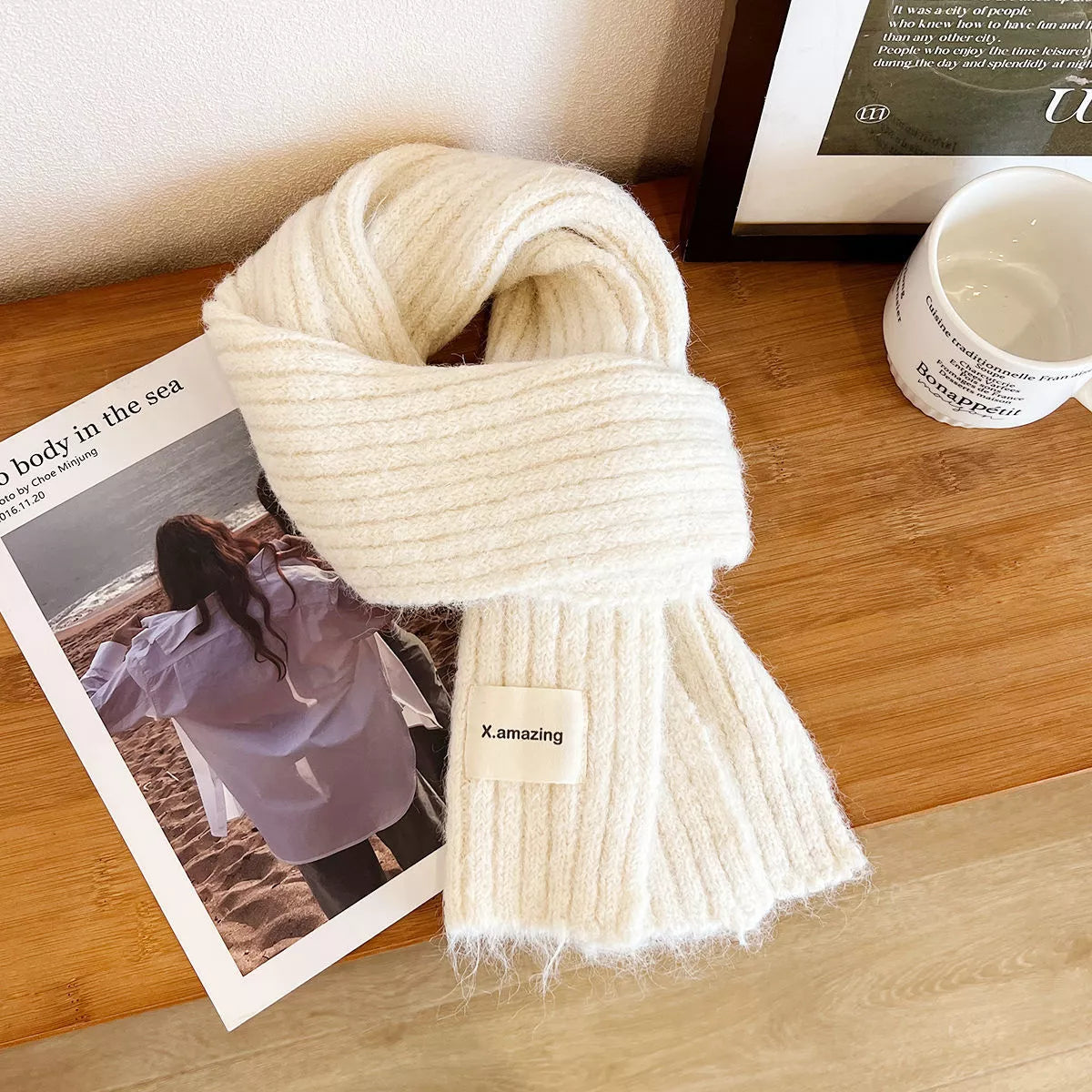 Unisex Soft Ribbed Wool Scarf — cream scarf arranged with ribbed ends visible