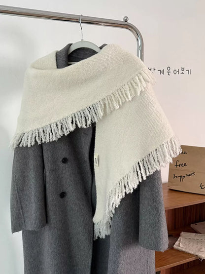 Women's Fringe Knit Triangle Wrap — off-white triangle wrap shown across a cardigan neckline