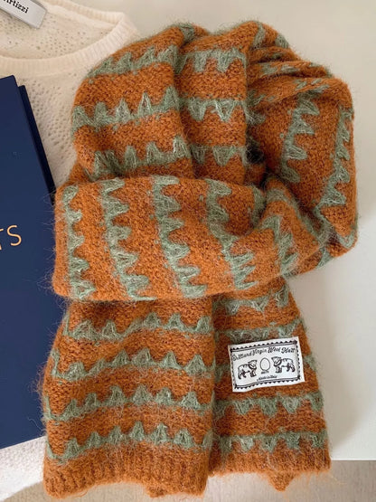 Unisex Vintage Knitted Pattern Scarf — orange and green vintage knit scarf loosely looped