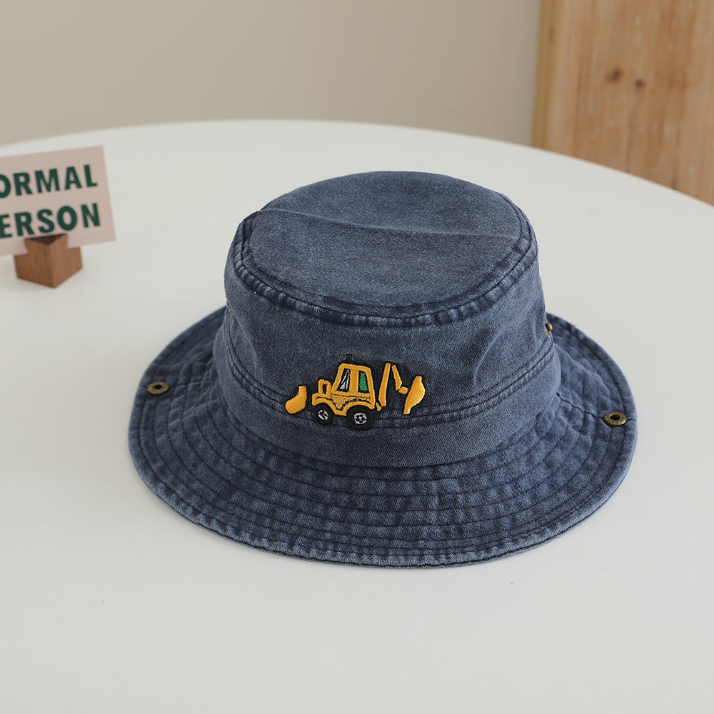 Kids Wine Red Excavator Embroidered Washed Bucket hat texture detail