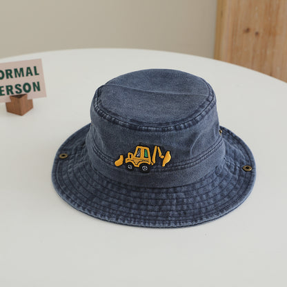Kids Wine Red Excavator Embroidered Washed Bucket hat texture detail