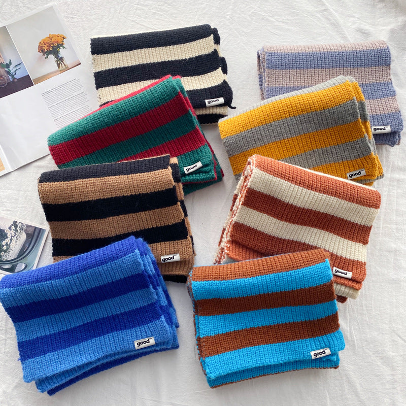 Eight contrast striped scarf color combinations arranged flat