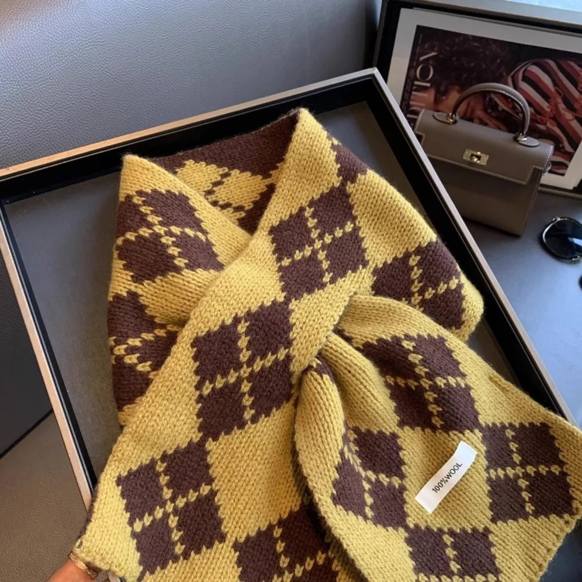 Unisex Yellow Argyle Wool Scarf — close view of contrasting diamonds in the wool knit