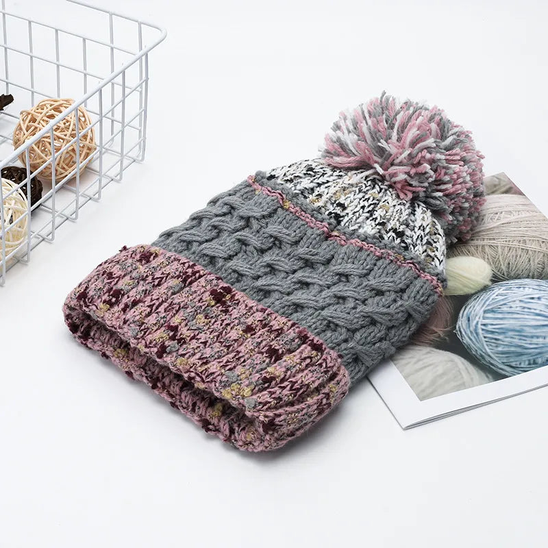 Unisex Contrast Knit Pom Pom Beanie - Gray back view