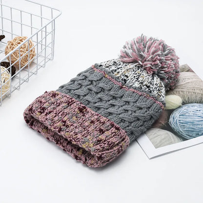 Unisex Contrast Knit Pom Pom Beanie - Gray back view