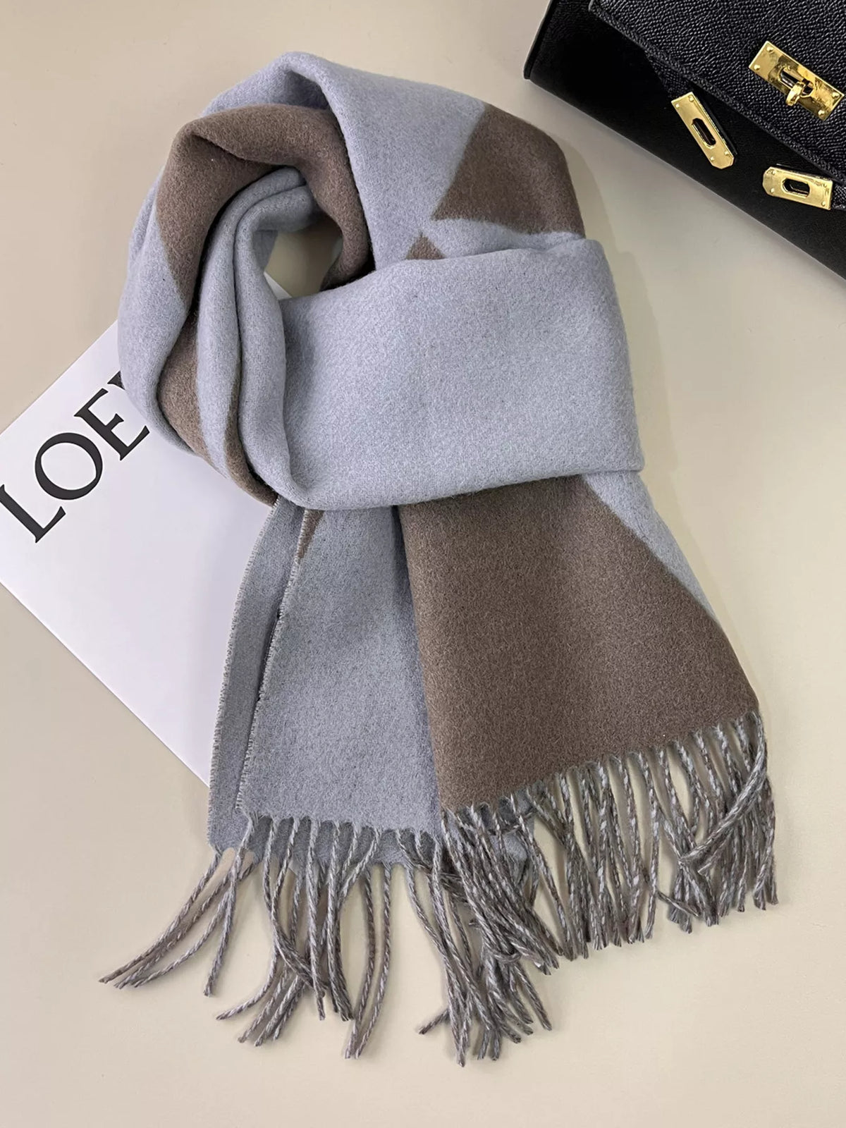 Unisex Fringe Color Block Scarf — blue and coffee tone color block scarf
