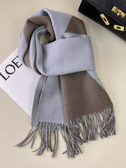 Unisex Fringe Color Block Scarf — blue and coffee tone color block scarf
