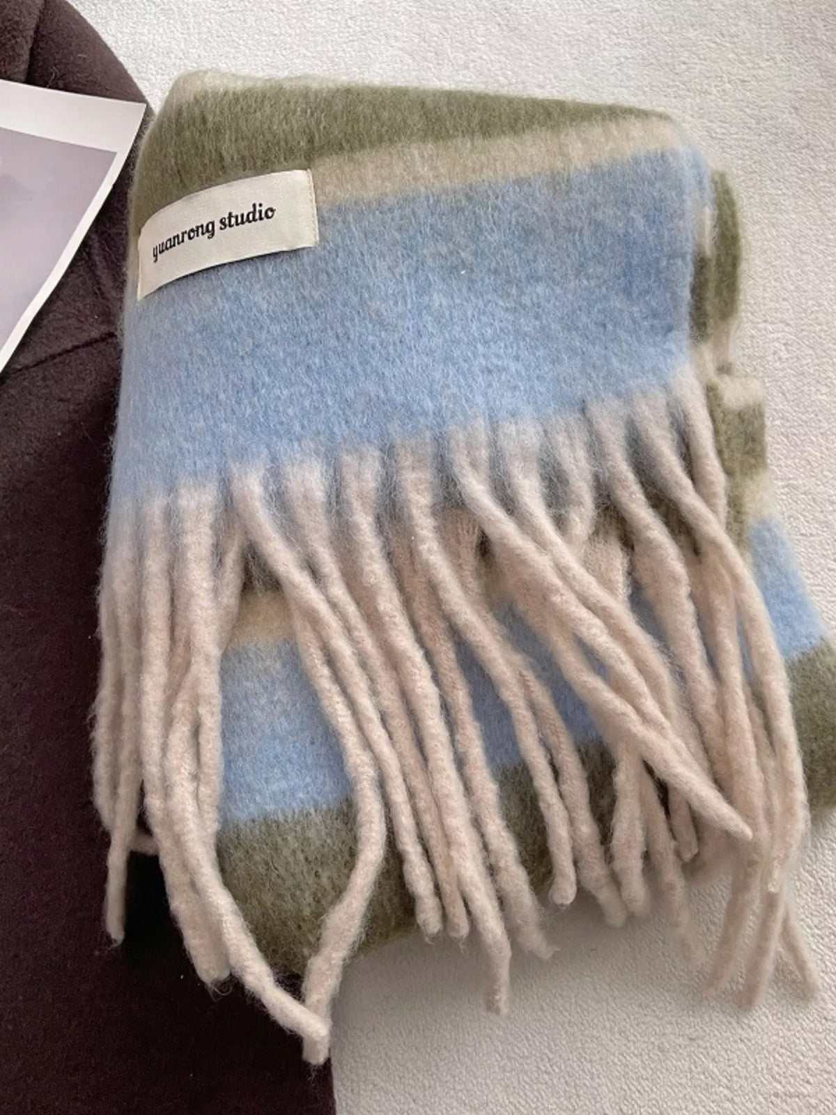 Unisex Soft Plaid Tassel Warm Scarf — green blue plaid scarf folded with fringe visible
