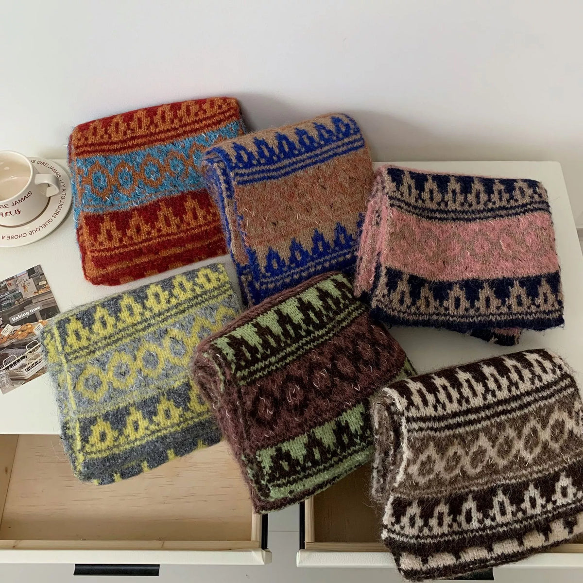 Unisex Vintage Knitted Pattern Warm Scarf — folded patterned wool scarves in multiple color combinations