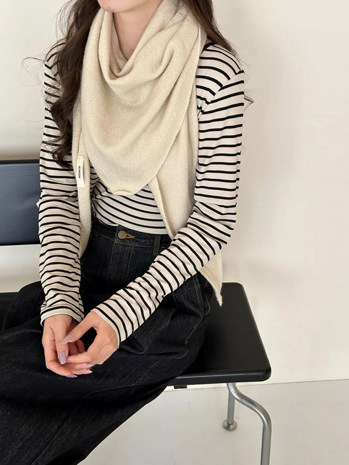 Women's Neutral Wool Shoulder Wrap — off-white shoulder wrap over a striped top