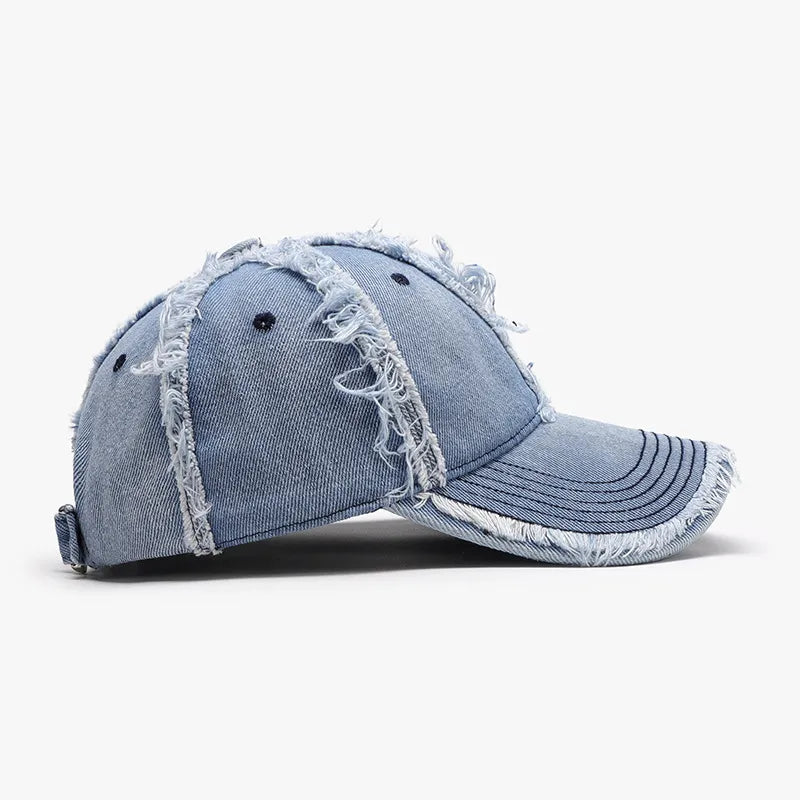 Gray raw hem cotton cap curved brim detail