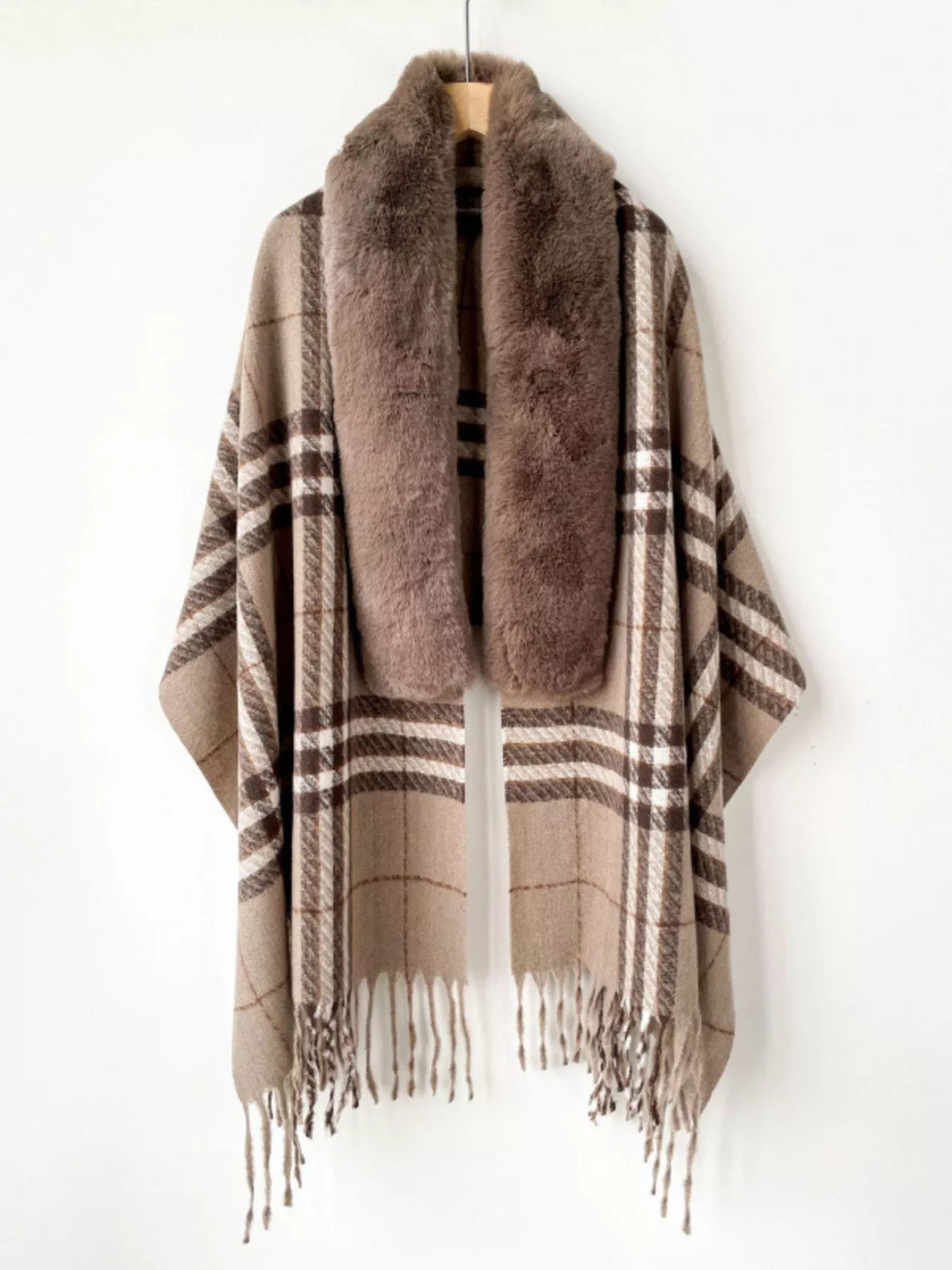 Women's Faux Fur Trim Scarf Wrap — plaid fringed wrap with brown plush neckline detail