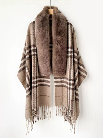 Women's Faux Fur Trim Scarf Wrap — plaid fringed wrap with brown plush neckline detail
