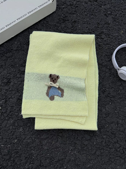 Unisex Bear Motif Knit Scarf — yellow knit scarf showing its bear detail