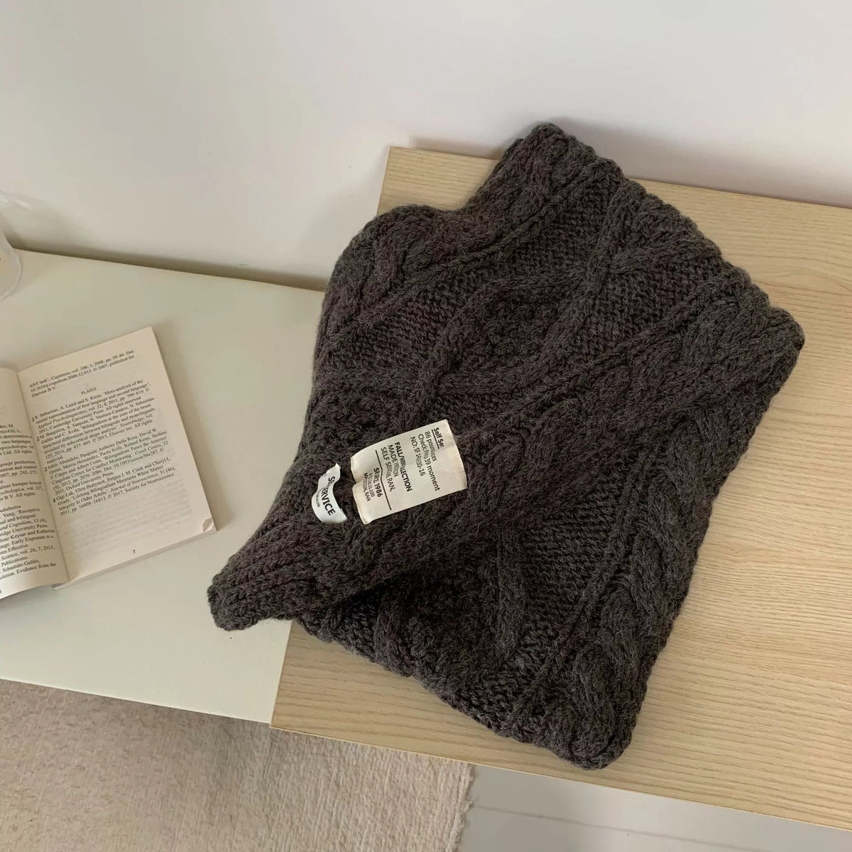Unisex Chunky Cable Knit Scarf — chocolate brown scarf showing raised knit texture