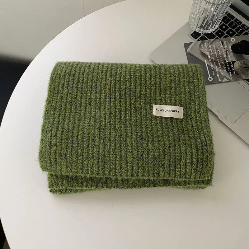 Unisex Marled Wool Blend Scarf — green knitted scarf folded to show its textured surface