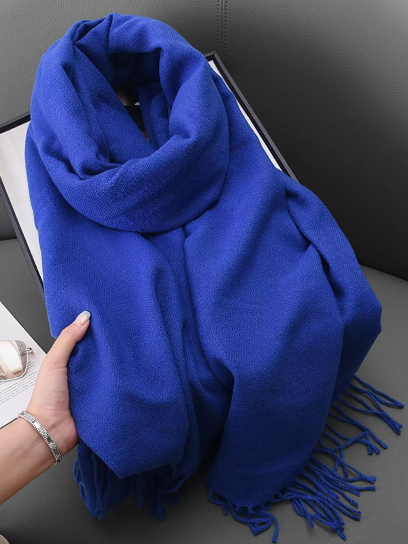 Unisex Heritage Solid Color Fringe Scarf in Pastel Blue - full-length view 12