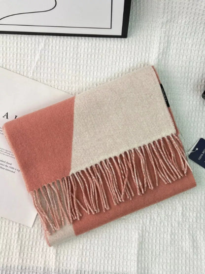 Unisex Fringe Color Block Scarf — folded pink beige scarf with fine fringe