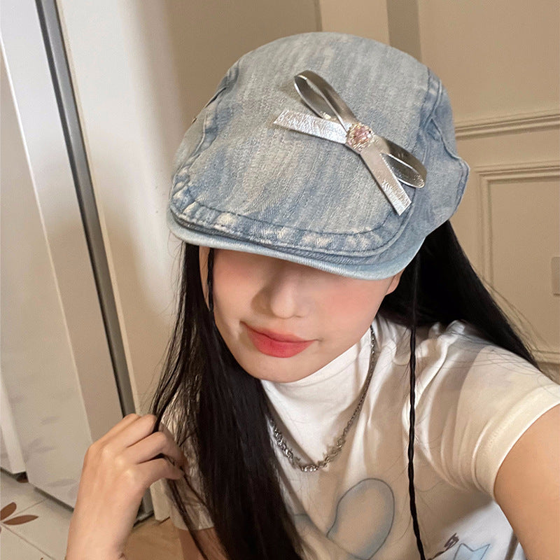 Womens vintage denim newsboy cap with bow - product photo 7