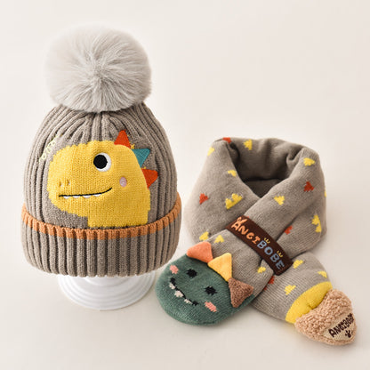 Gray animal beanie and scarf set with colorful dinosaur accents