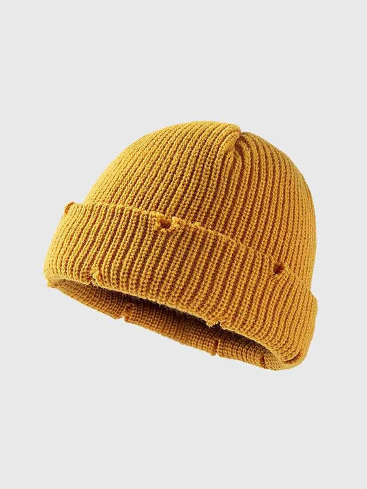 Yellow distressed cuffed acrylic knit hat front