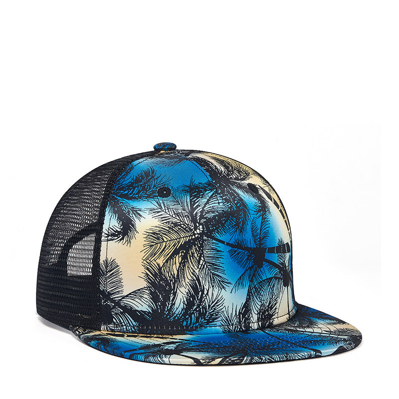 Blue tropical cap in a front three-quarter view