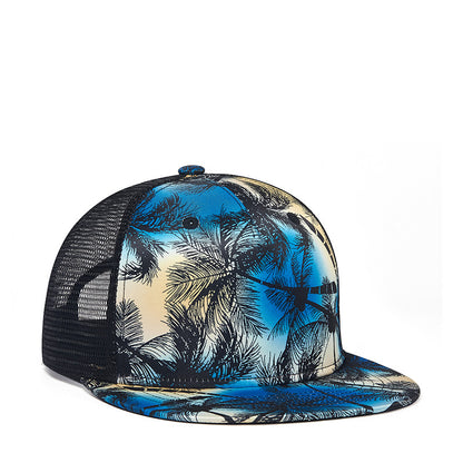 Blue tropical cap in a front three-quarter view