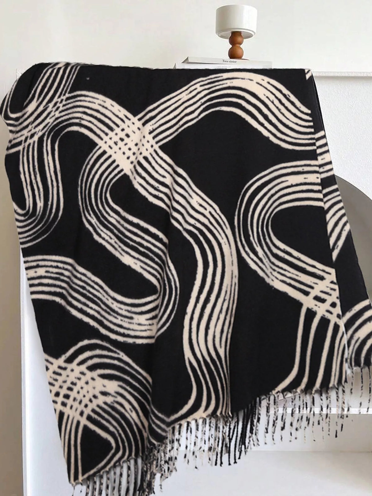 Unisex Geometric Patterned Fringe Scarf — dark geometric scarf showing full curved line pattern
