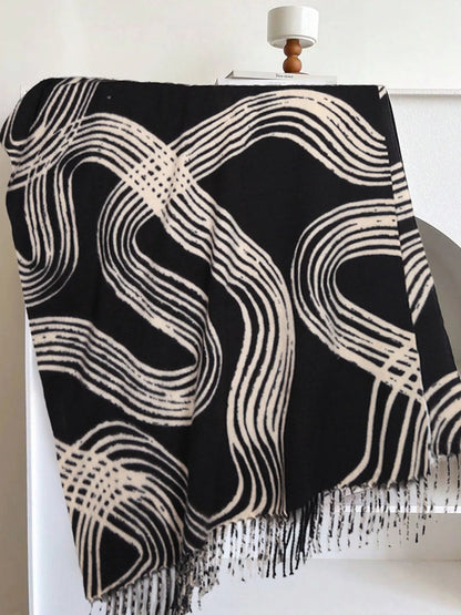 Unisex Geometric Patterned Fringe Scarf — dark geometric scarf showing full curved line pattern