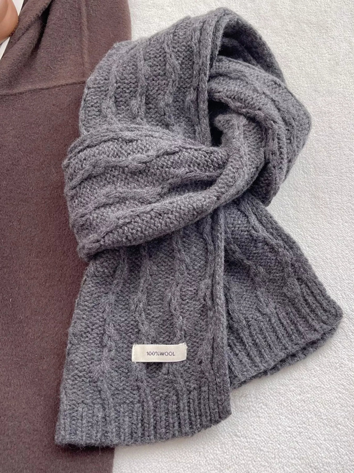 Unisex Wool Cozy Cable Knit Scarf — gray scarf with braided knit columns and ribbed border