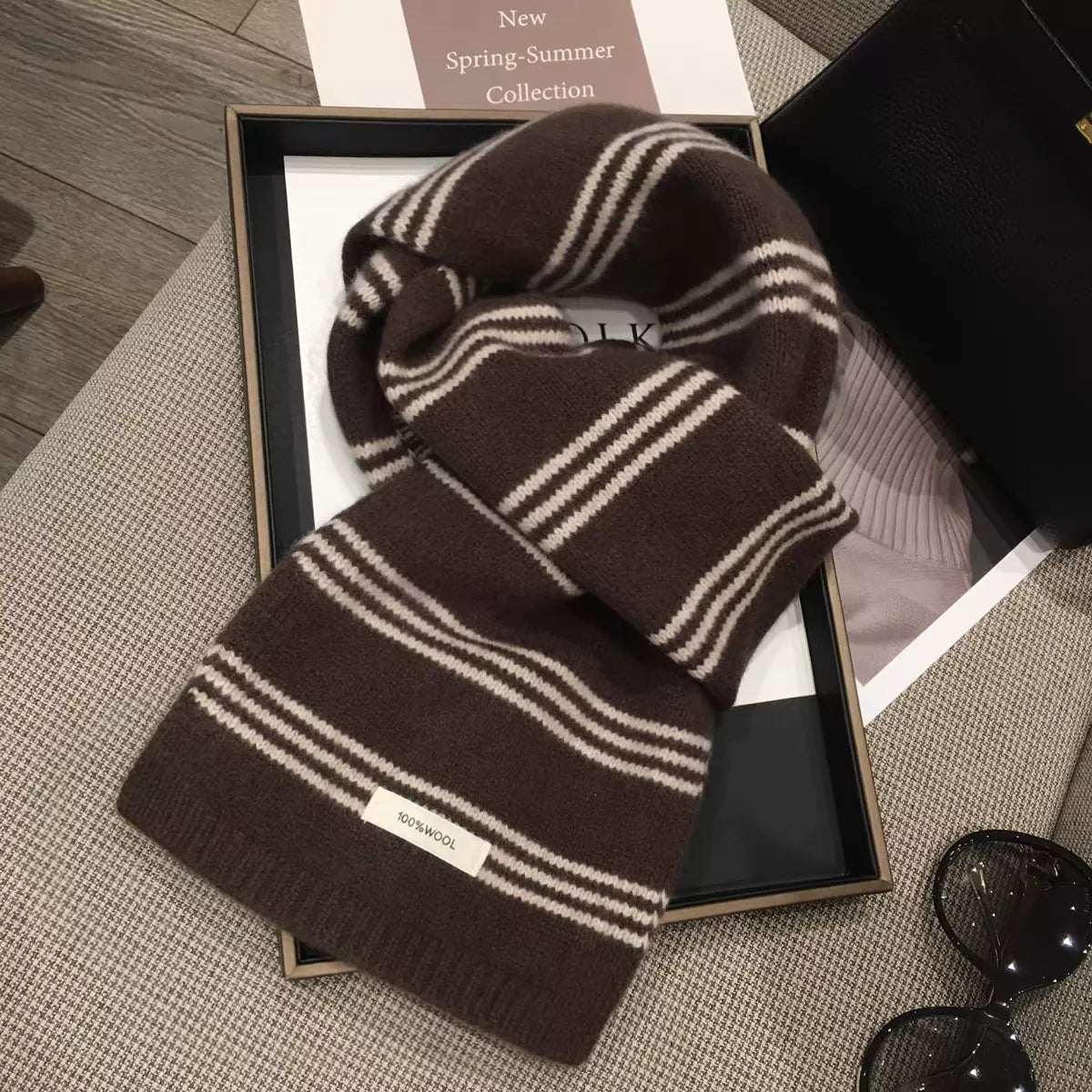Unisex Wool Striped Contrast Knit Warm Scarf — brown wool scarf with fine pale stripes