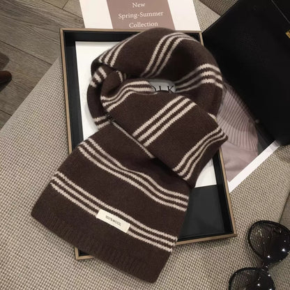 Unisex Wool Striped Contrast Knit Warm Scarf — brown wool scarf with fine pale stripes