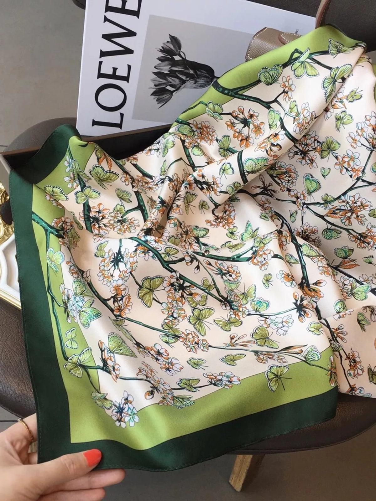 Unisex Floral Print Silk Scarf — light silk scarf with floral pattern and green corners