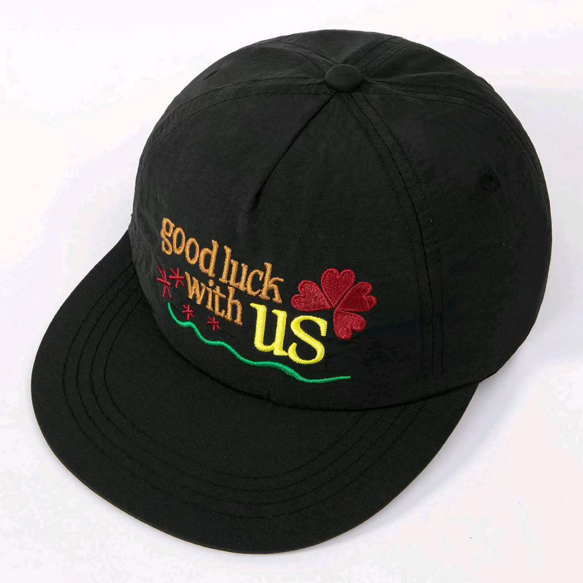Black Good Luck baseball cap with four-leaf clover embroidery