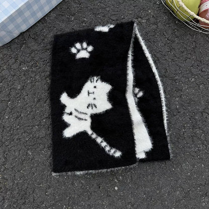 Unisex Cat Paw Pattern Scarf — black scarf with pale cat silhouette and paw marks