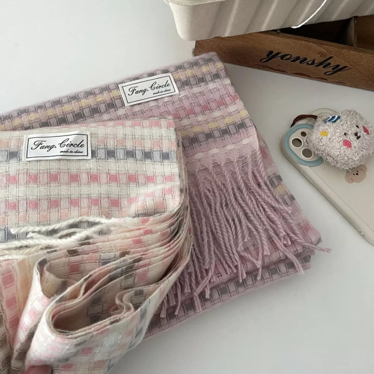 Unisex Soft Patterned Fringe Scarf — pink geometric scarf with matching fine tassels