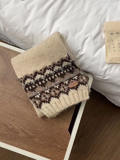 Unisex Nordic Motif Knit Scarf — pale scarf folded to show a Nordic-inspired motif band