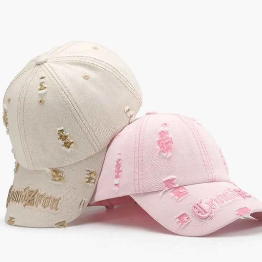 Blush pink distressed letter embroidered baseball cap front
