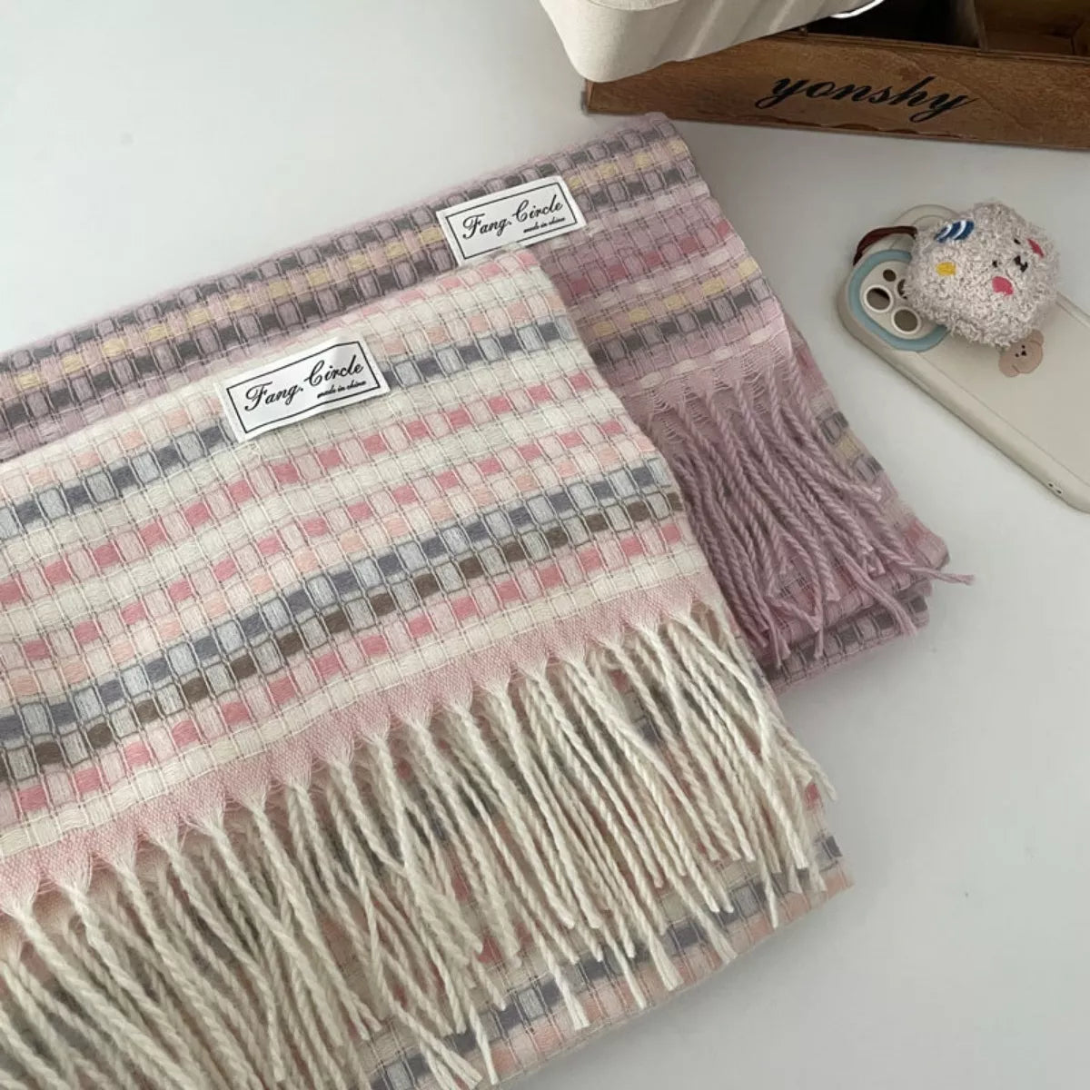 Unisex Soft Patterned Fringe Scarf — two soft-toned patterned scarves with long fringe