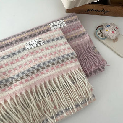 Unisex Soft Patterned Fringe Scarf — two soft-toned patterned scarves with long fringe