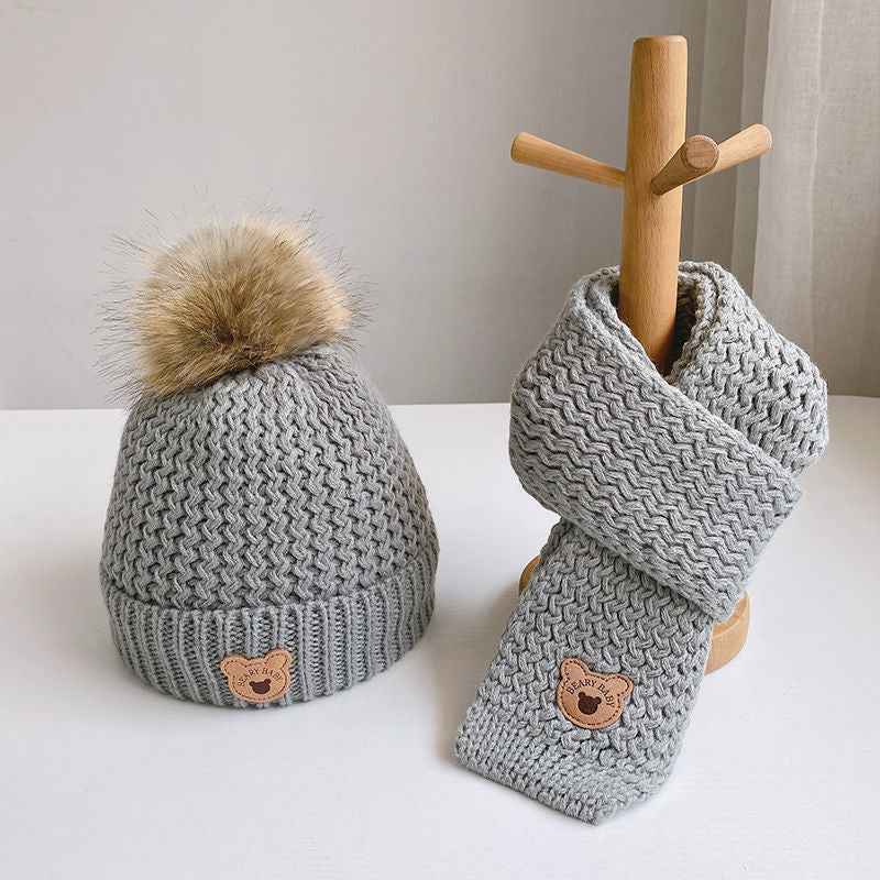 Kids Warm Velvet Bear Hat and Scarf Set