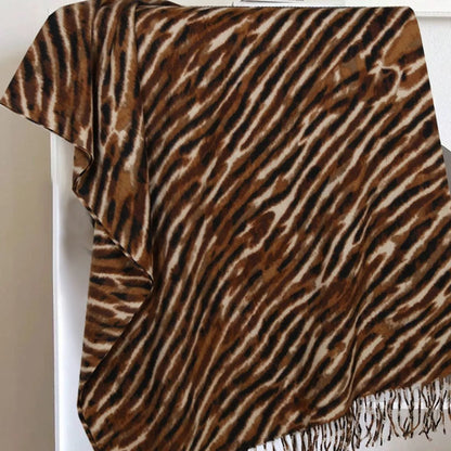 Unisex Fringe Printed Scarf — brown scarf with broken stripe-like print spread flat