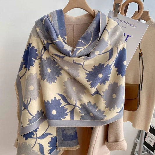 Women's Modern Floral Print Warm Winter Scarf in Cerulean - styled detail 2
