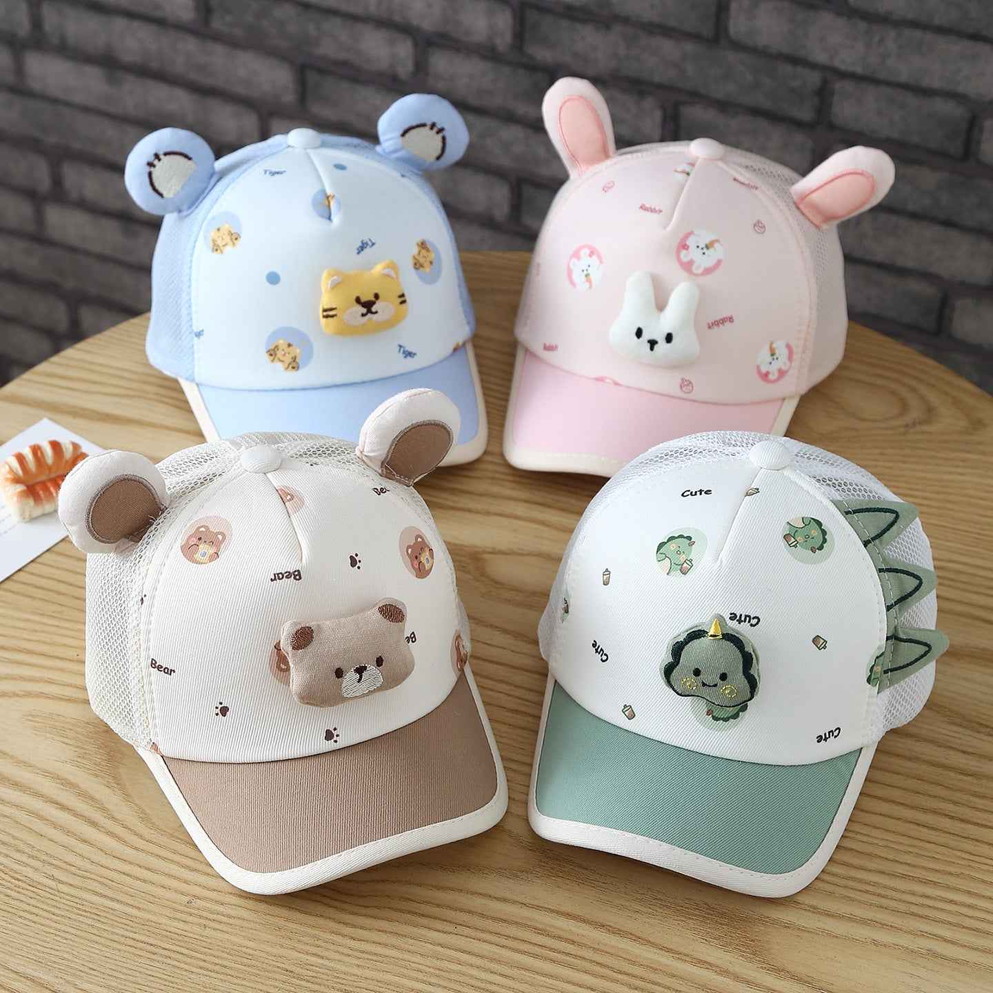 Blue kids animal-ear embroidered mesh baseball cap front view