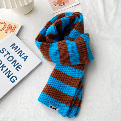 Blue and brown striped acrylic scarf showing broad color bands
