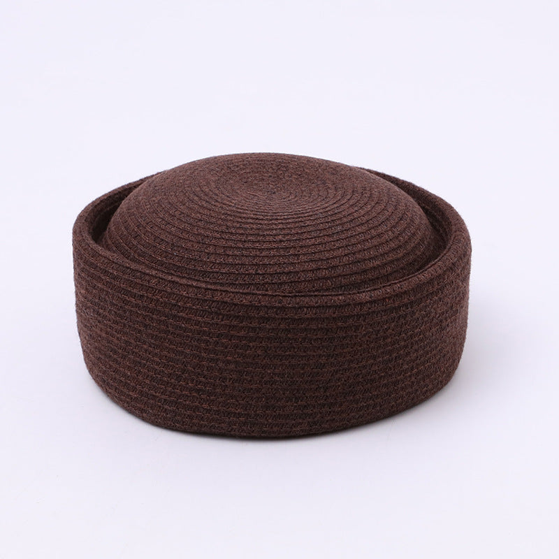 Neutral oatmeal pillbox hat adjustable fit detail