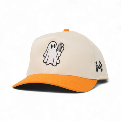 The Mad Hatter Company Boozy Trucker Hat, natural crown with an orange bill and ghost artwork