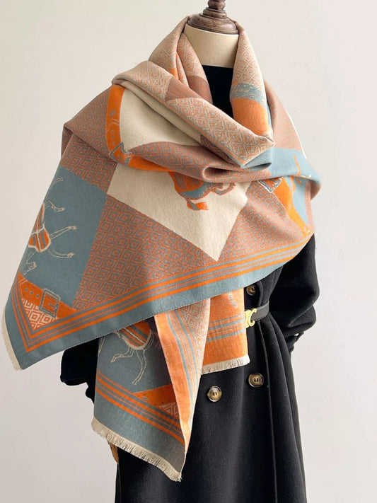 Women's Equestrian Print Reversible Scarf in Orange - front view 1