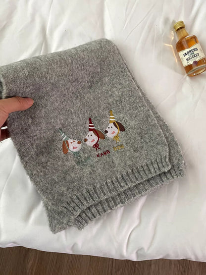 Unisex Embroidered Dog Knit Scarf — gray scarf laid flat with dog embroidery visible