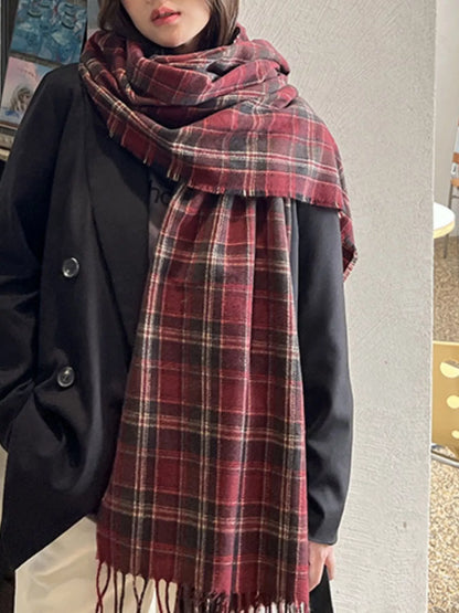 Unisex Oversized Classic Plaid Fringe Scarf in Burgundy - front view 1